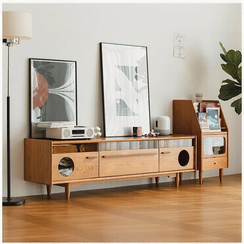 Versatile Cherry Wood Entertainment Stand with Cat Drawers