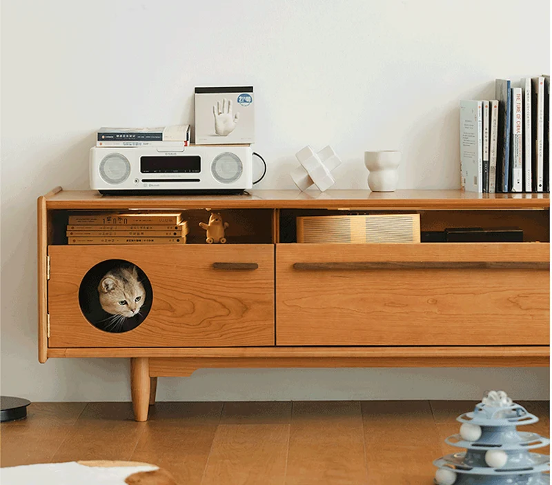 Versatile Cherry Wood Entertainment Stand with Cat Drawers