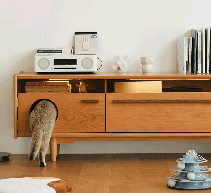 Versatile Cherry Wood Entertainment Stand with Cat Drawers