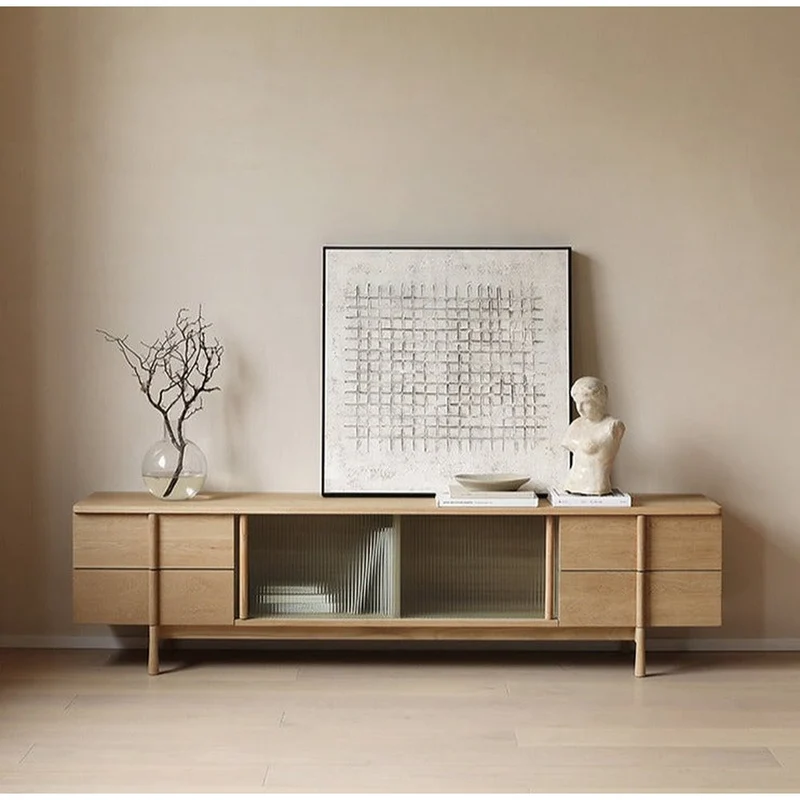 Japandi Art Deco White Oak Wood TV Stand