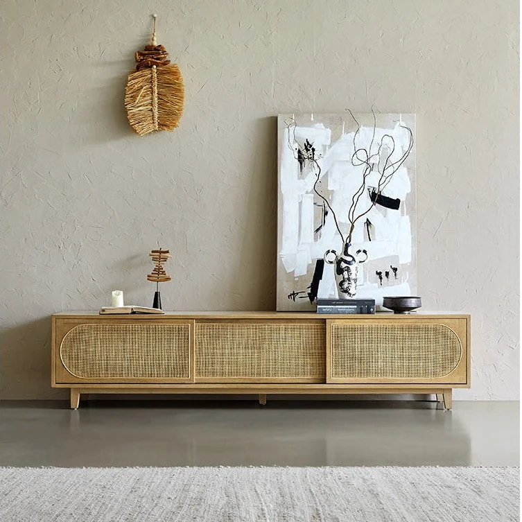 Scandinavian-Inspired Oak Wood Media Unit with Rattan Drawers