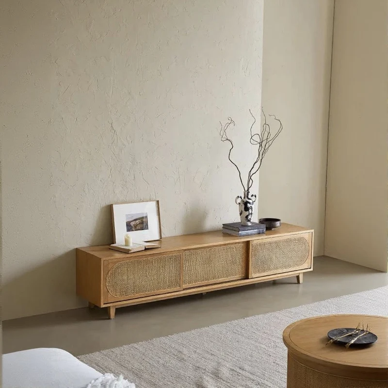 Scandinavian-Inspired Oak Wood Media Unit with Rattan Drawers