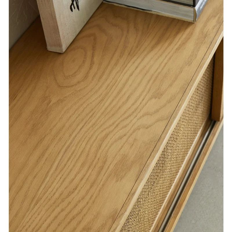 Scandinavian-Inspired Oak Wood Media Unit with Rattan Drawers