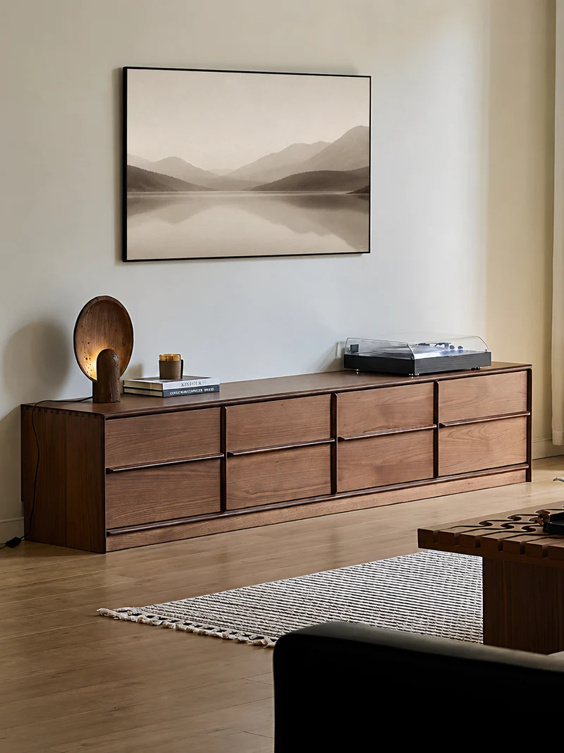 Minimalist Walnut Wood TV Stand with 4 Drawers