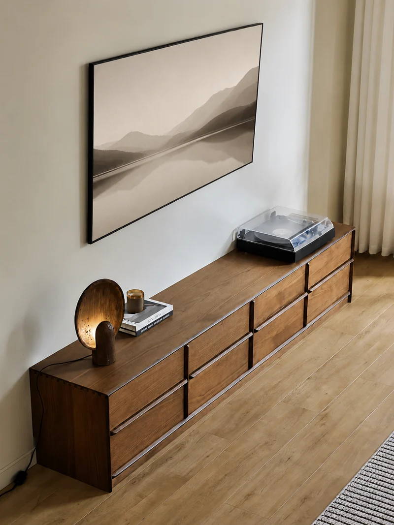Minimalist Walnut Wood TV Stand with 4 Drawers