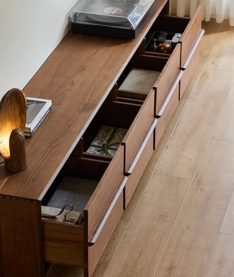 Minimalist Walnut Wood TV Stand with 4 Drawers