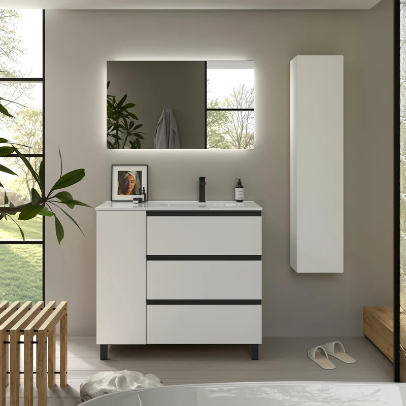 SALGAR 117553 BEQUIA PLUS METAL Mueble de Baño 1 poza Porcelana 110cm Blanco Mate