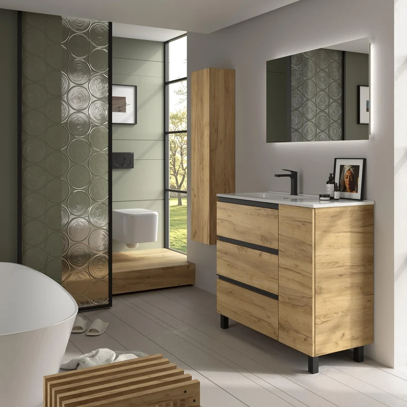 SALGAR 117551 BEQUIA PLUS METAL Mueble de Baño 1 poza Porcelana 110cm Roble