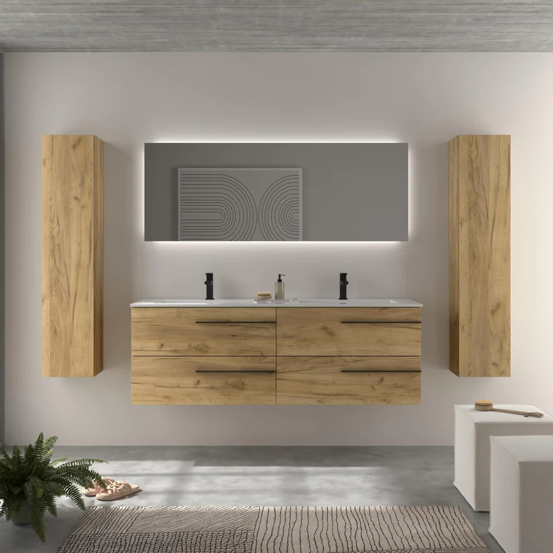 SALGAR 116084 YARA Mueble de Baño 2 pozas Solid Surface 160cm Roble