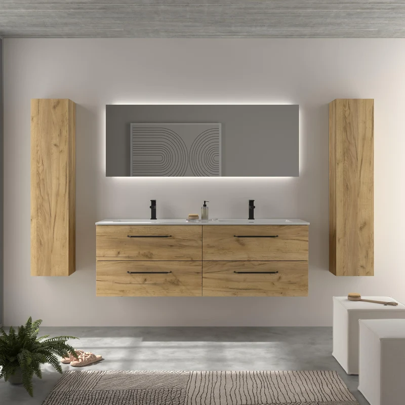 SALGAR 116079 MORAI Mueble de Baño 2 pozas Solid Surface 160cm Roble