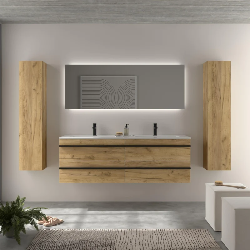 SALGAR 116078 BORN Mueble de Baño 2 pozas Solid Surface 160cm Roble