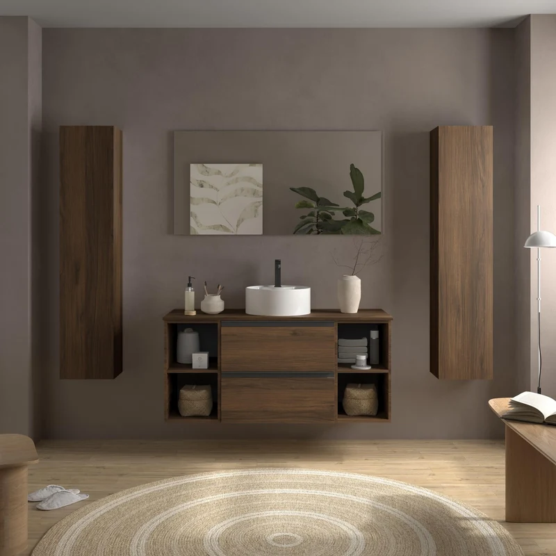 SALGAR 116061 BEQUIA PLUS METAL Mueble de Baño 1 poza Porcelana 120cm Nogal