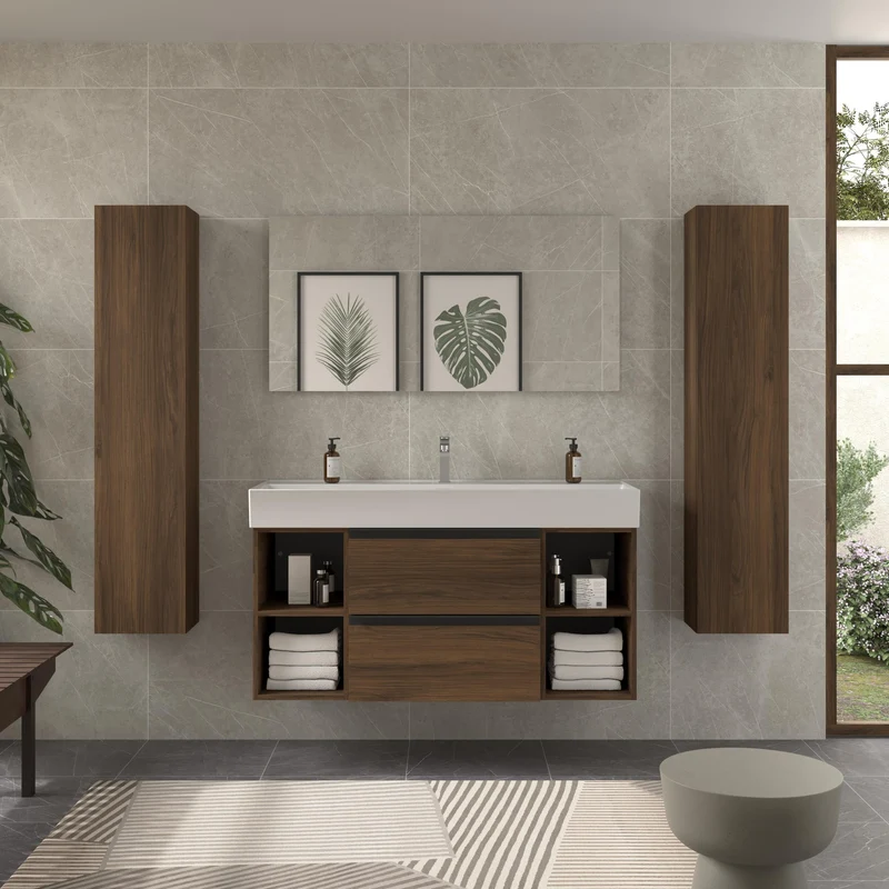 SALGAR 116039 BEQUIA PLUS METAL Mueble de Baño 1 poza Porcelana 120cm Nogal