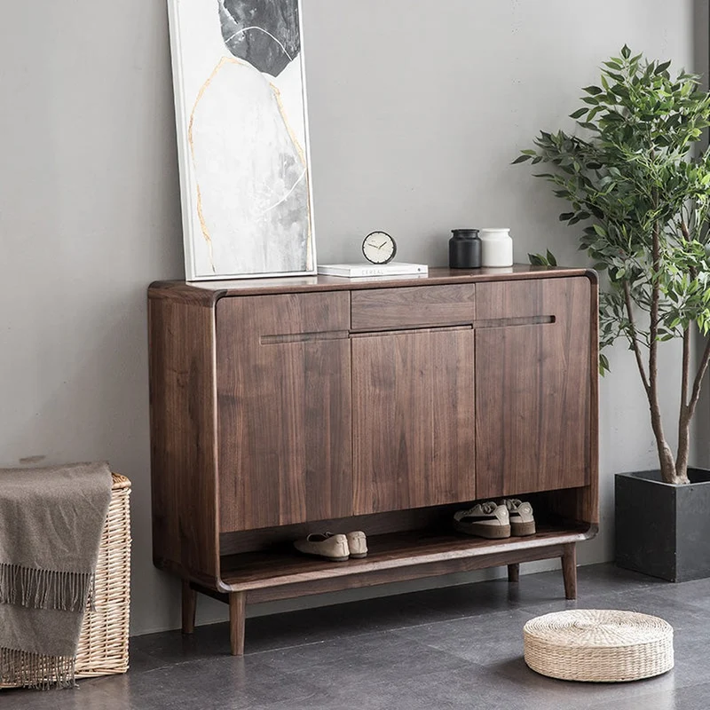 Japandi Compact Black Walnut Wood Shoe Cabinet