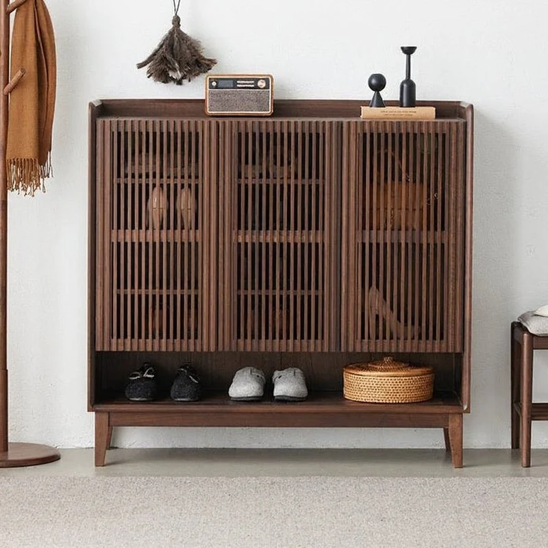 Alchemy Grille Doors Walnut Wood Shoe Cabinet