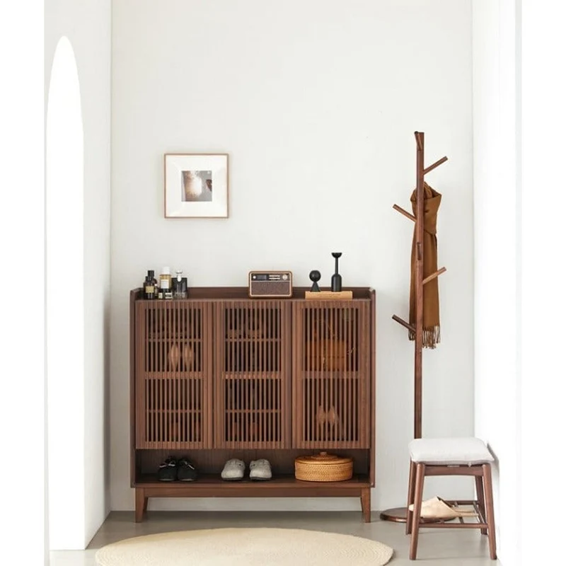 Alchemy Grille Doors Walnut Wood Shoe Cabinet