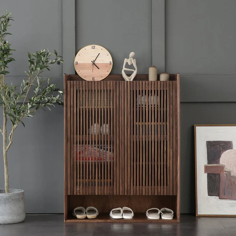 Japandi Grille Doors Walnut Shoe Cabinet
