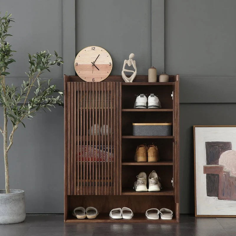Japandi Grille Doors Walnut Shoe Cabinet