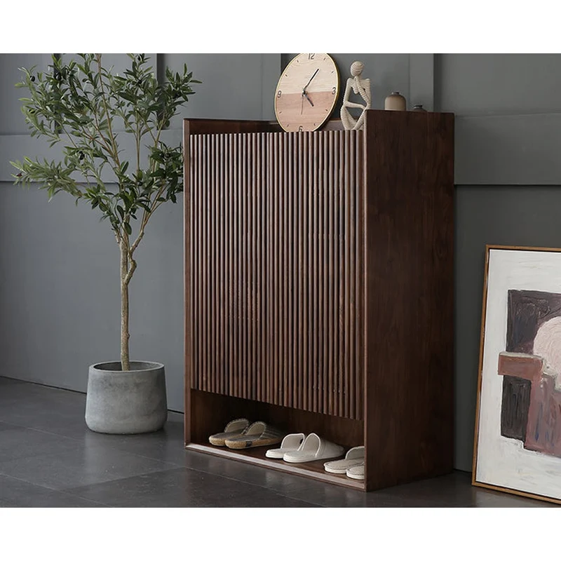 Japandi Grille Doors Walnut Shoe Cabinet