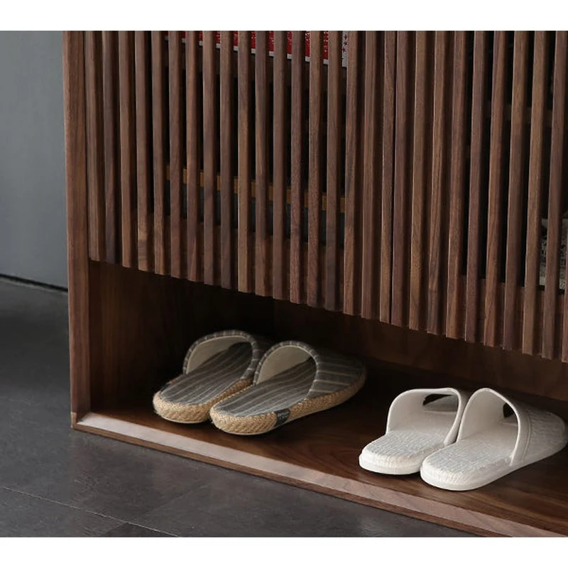 Japandi Grille Doors Walnut Shoe Cabinet