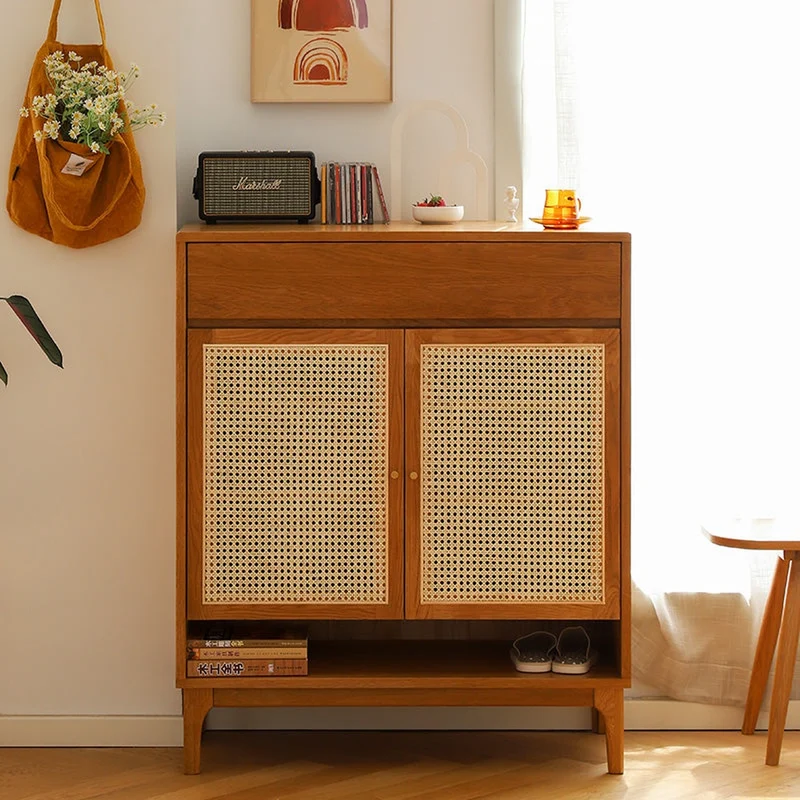 Finesse White Oak Wood Shoe Cabinet with Rattan Doors