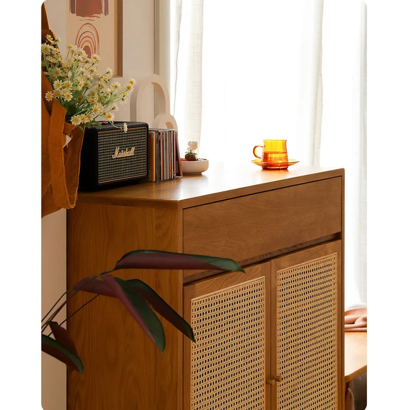 Finesse White Oak Wood Shoe Cabinet with Rattan Doors