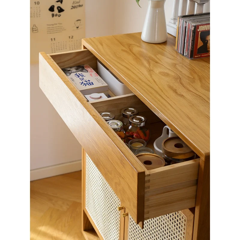 Finesse White Oak Wood Shoe Cabinet with Rattan Doors