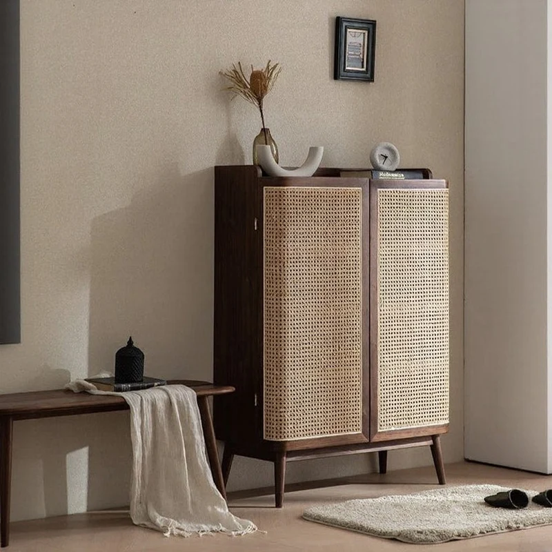 Japandi Walnut Wood Shoe Cabinet with Rattan Doors