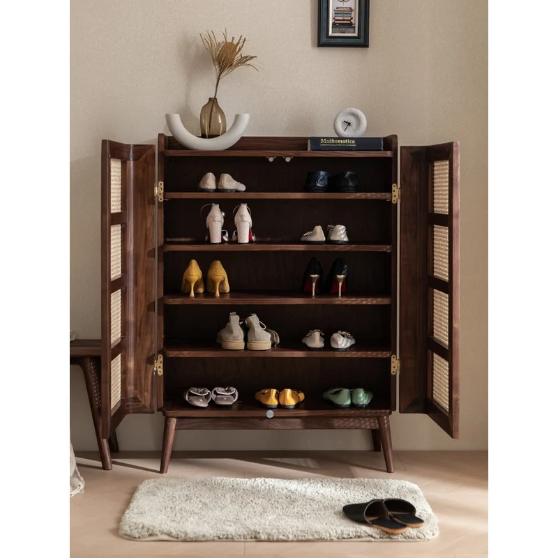 Japandi Walnut Wood Shoe Cabinet with Rattan Doors