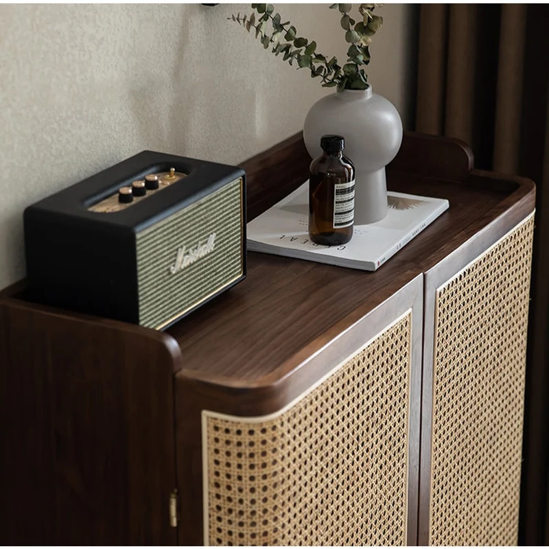 Japandi Walnut Wood Shoe Cabinet with Rattan Doors