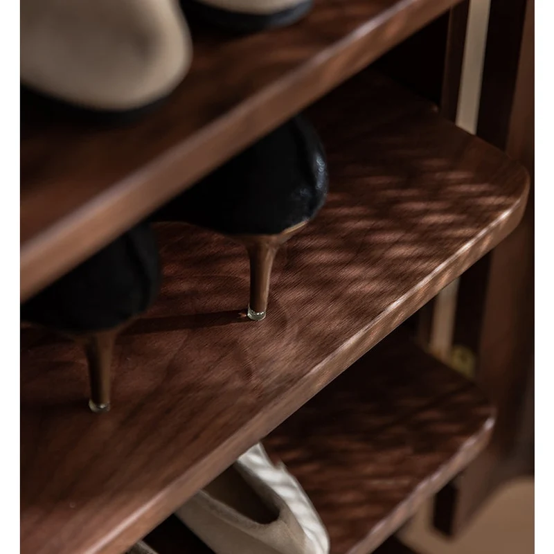 Japandi Walnut Wood Shoe Cabinet with Rattan Doors