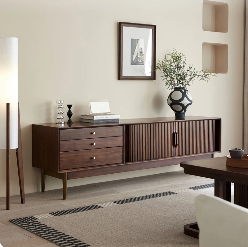 Core Hau Mid-Century Walnut TV Cabinet with Tambour Doors