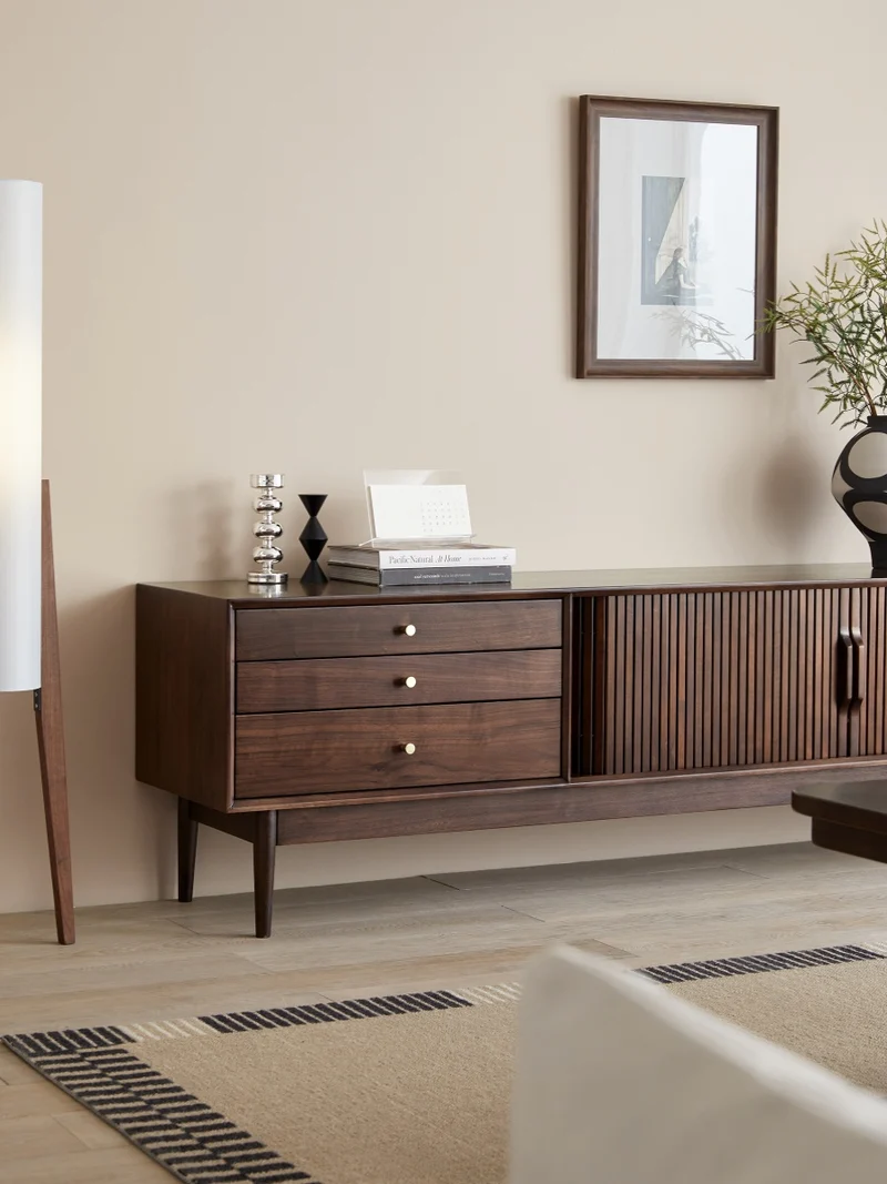 Core Hau Mid-Century Walnut TV Cabinet with Tambour Doors