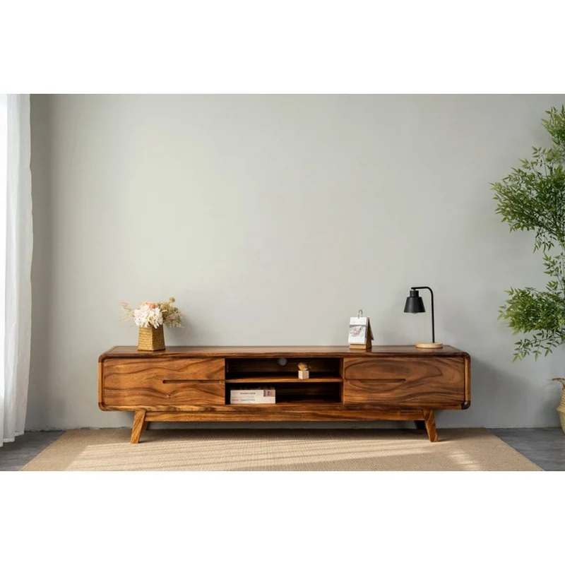 Atlas Round Edge 2 Drawers Solid Wood Media Console