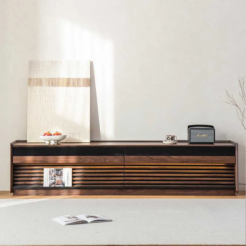 Joint Walnut Slatted TV Stand with Modern Storage Cabinet
