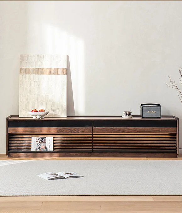 Joint Walnut Slatted TV Stand with Modern Storage Cabinet