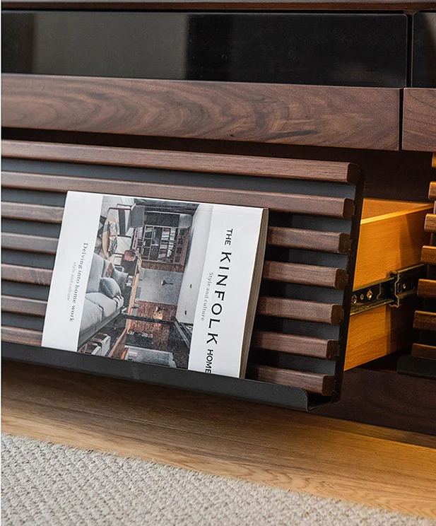 Joint Walnut Slatted TV Stand with Modern Storage Cabinet