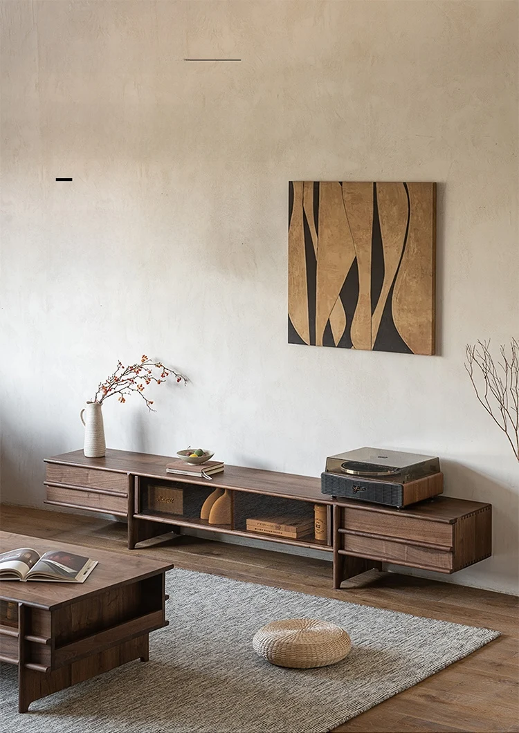 Japandi Walnut TV Stand with Drawers & Open Shelving