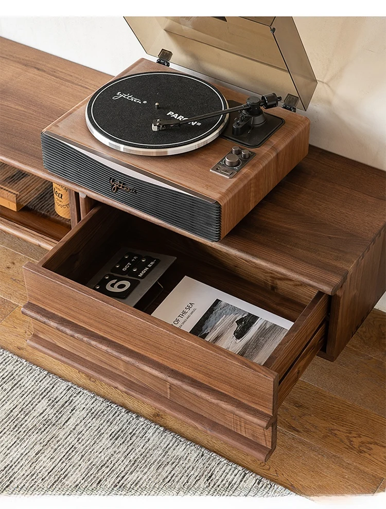 Japandi Walnut TV Stand with Drawers & Open Shelving