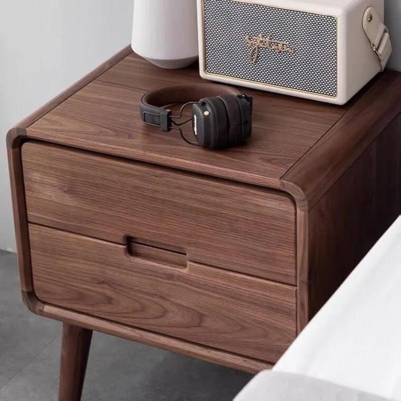 Minimalist Deep Brown Black Walnut Wood Nightstand with Two Drawers
