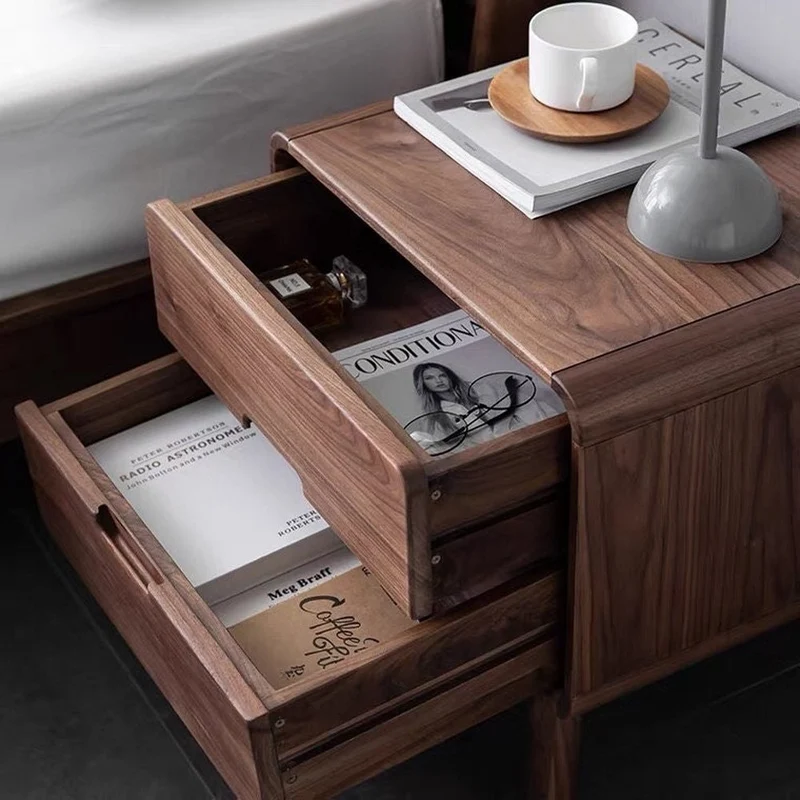 Minimalist Deep Brown Black Walnut Wood Nightstand with Two Drawers