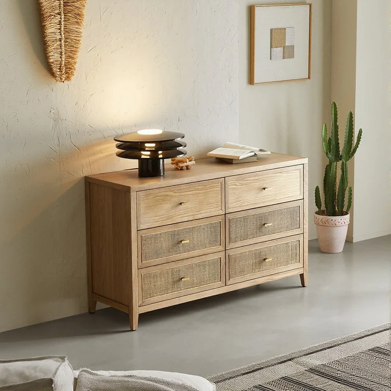 Nebula 6 Drawers Oak Wood Dresser with Rattan