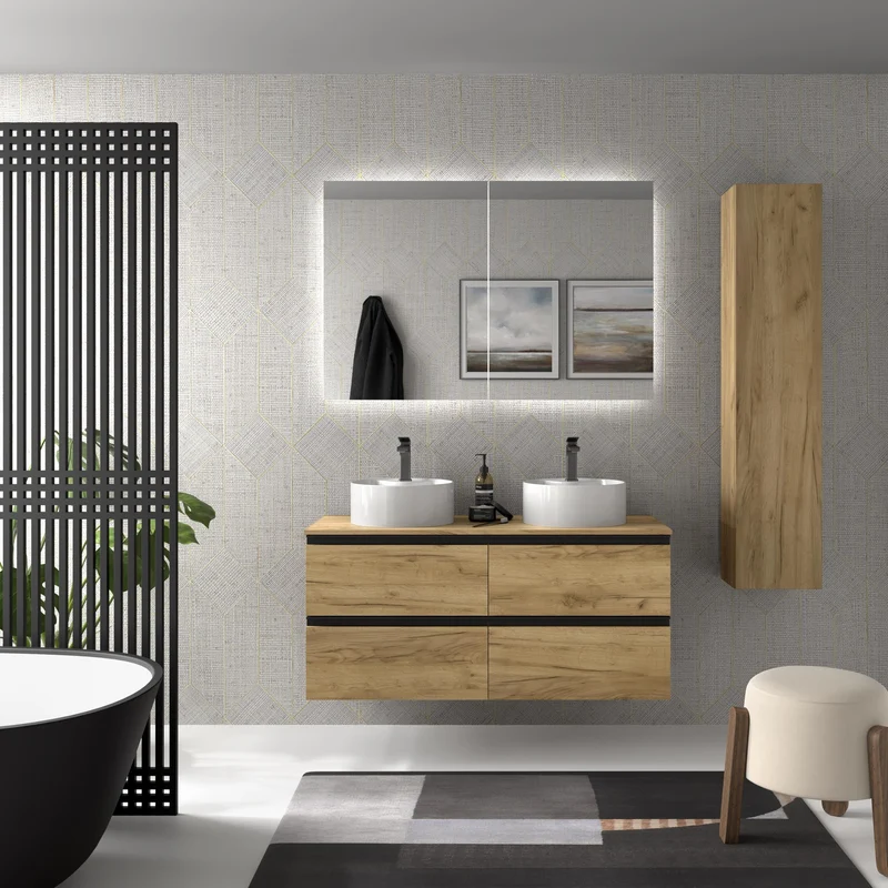 SALGAR 115956 BEQUIA METAL Mueble de Baño 2 pozas Porcelana 120cm Roble