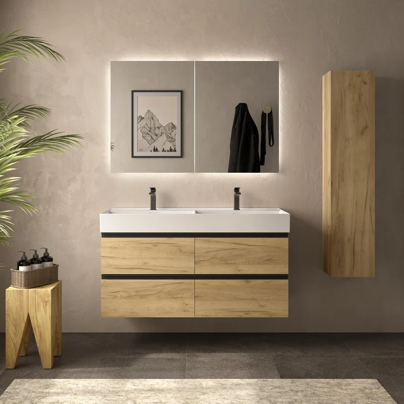 SALGAR 115941 BEQUIA METAL Mueble de Baño 2 pozas Porcelana 120cm Roble