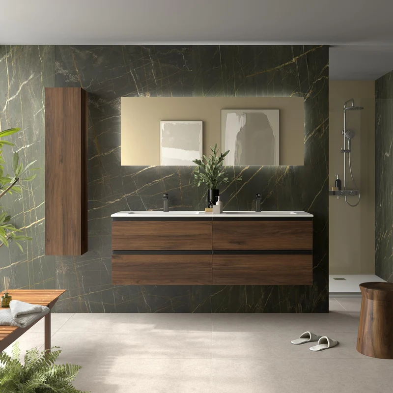 SALGAR 115930 BEQUIA METAL Mueble de Baño 2 pozas Solid Surface 160cm Nogal