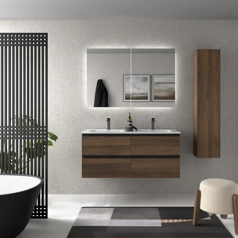 SALGAR 115927 BEQUIA METAL Mueble de Baño 2 pozas Porcelana 120cm Nogal