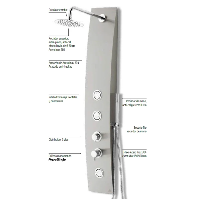 Columna Hidromasaje YARIS de Aquassent | Acero Inoxidable | 3 Jets Orientables | Efecto Lluvia | Anti-Cal