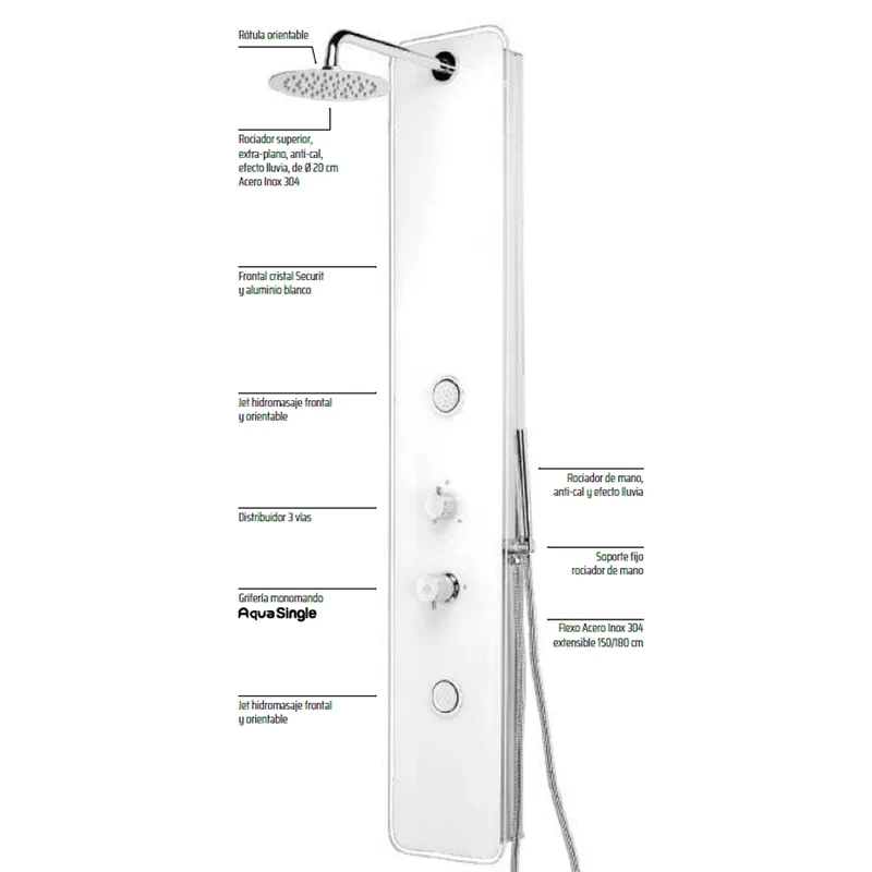 Columna Hidromasaje TOUS 150cm | Cristal Securit y Aluminio | 3 Funciones: Lluvia, Jets y Ducha Mano | Anti-Cal