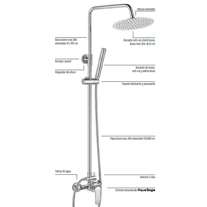Conjunto de Ducha MISURI Aquassent | Grifería Monomando | Barra Extensible Acero Inox 304 | Cromo Brillante o Blanco Cromo