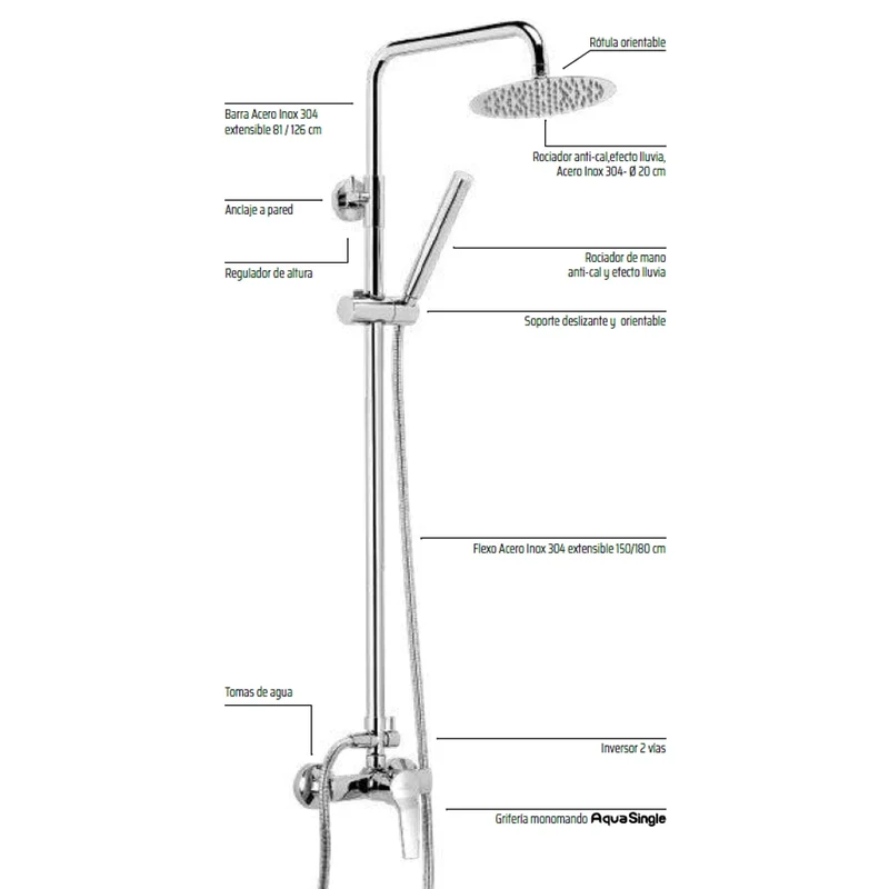Kit Ducha MALLORCA Aquassent | Monomando Central | Rociador Redondo | Barra Extensible 81-126 cm
